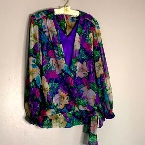 Vintage Jo Hanna York Joan Davis floral long sleeve chiffon faux wrap XL shirt